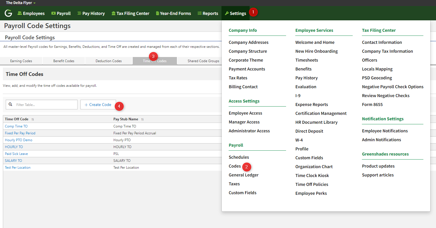 A screenshot showing how to navigate to Payroll Codes Settings in Greenshades Online.