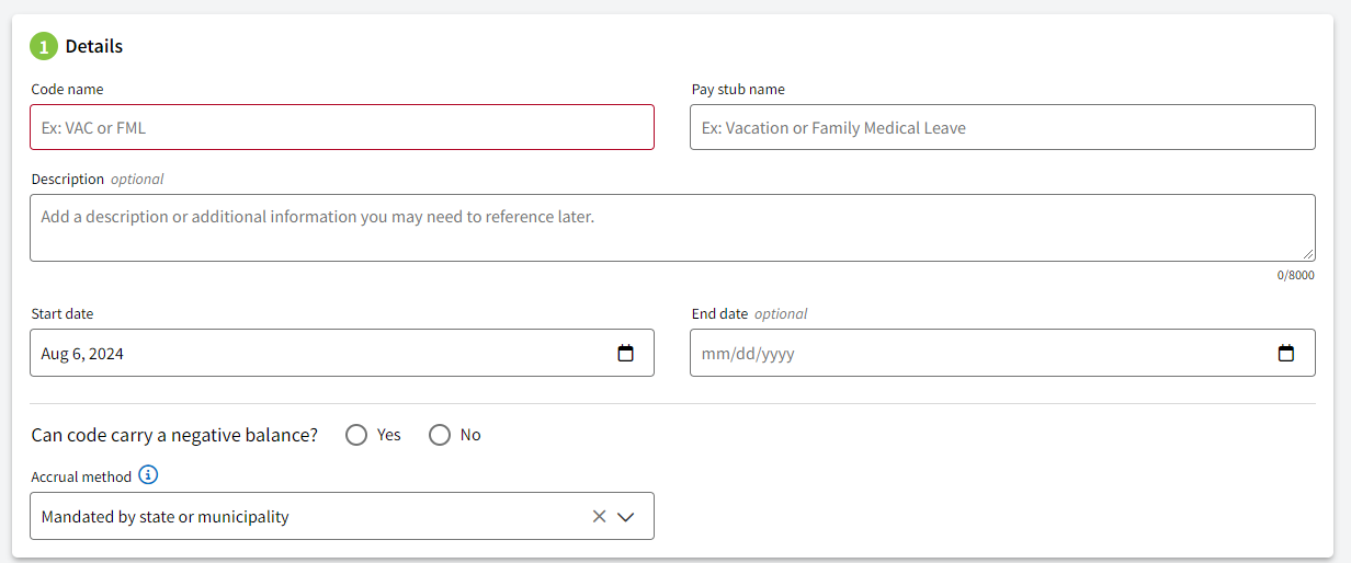 A screenshot showing the first step of a Time Off code setup.