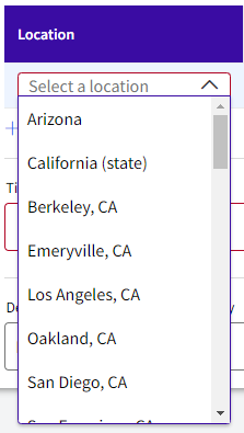 A screenshot of the drop down list for Select a Location in the second step of Time Off code setup.