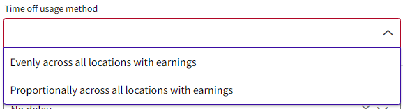 A screenshot of the drop down list for Time Off Usage Method in the second step of Time Off code setup.