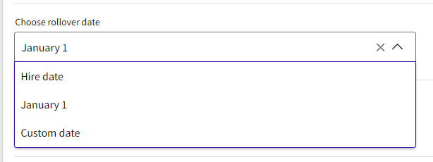 A screenshot of the drop down list for Choose a Rollover Date in the second step of Time Off code setup.